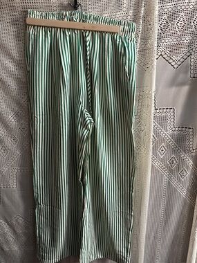 Striped Green and White Wide-Leg Pants with Elastic Waist